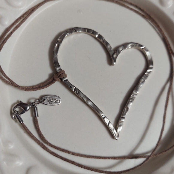 Alexa's Angel's Textured Silver Open Heart Pendant w/Light Brown Cord Necklace - Picture 2 of 5